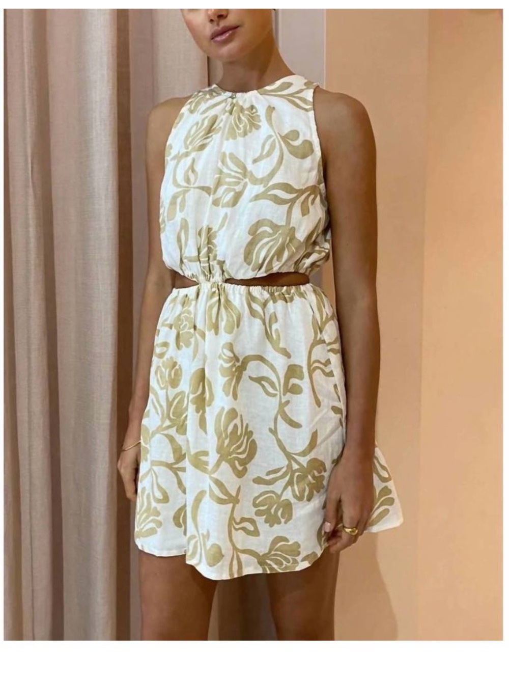 FAITHFULL THE BRAND linen mini dress in floral print oat color